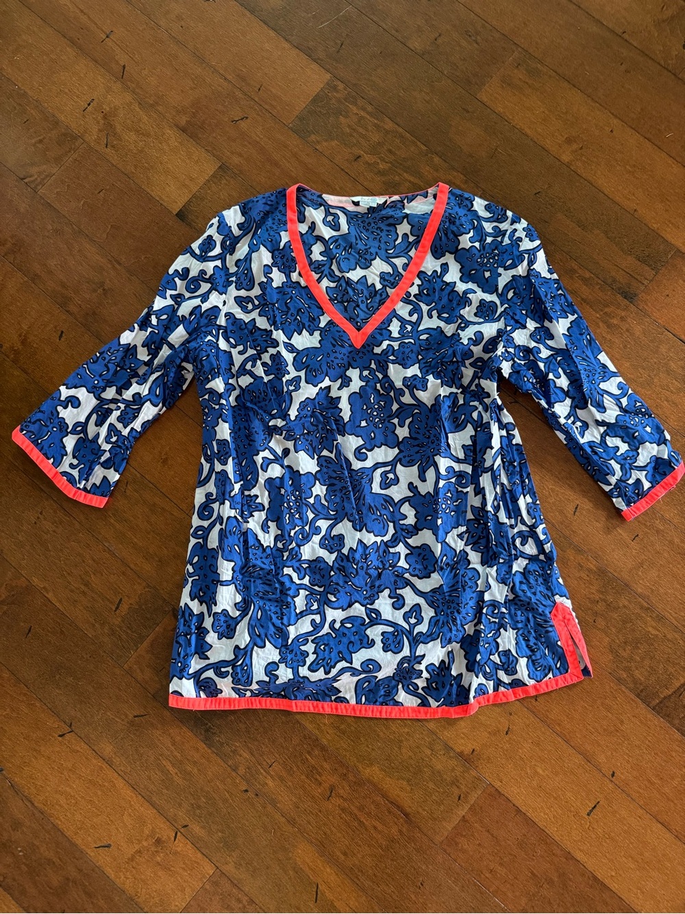 Boden Blue Floral V-Neck Swim Coverup with Coral Trim